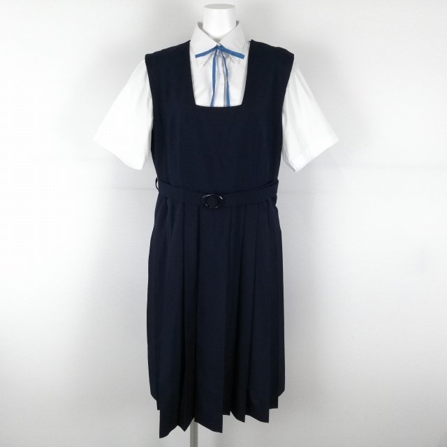 1円 ジャンパースカート 紐タイ 165B バスト104 ウエスト92 大きいサイズ 夏物 女子 学生服 中学 高校 紺 制服 中古 ランクB EY5790