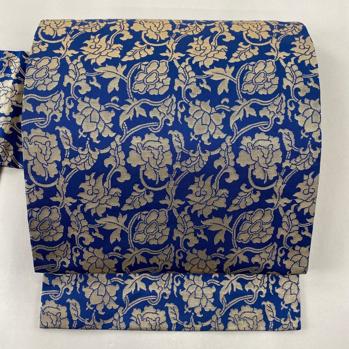 名古屋帯 美品 優品 花唐草 箔 青 正絹 【中古】