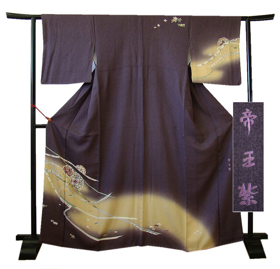 時代屋 裄67.5ｃｍ 秀逸品 極上縮緬地 帝王紫 高級 附下げ 訪問着 正絹 仕立上り 袷 共八掛 154ｃｍ～160ｃｍ HH835