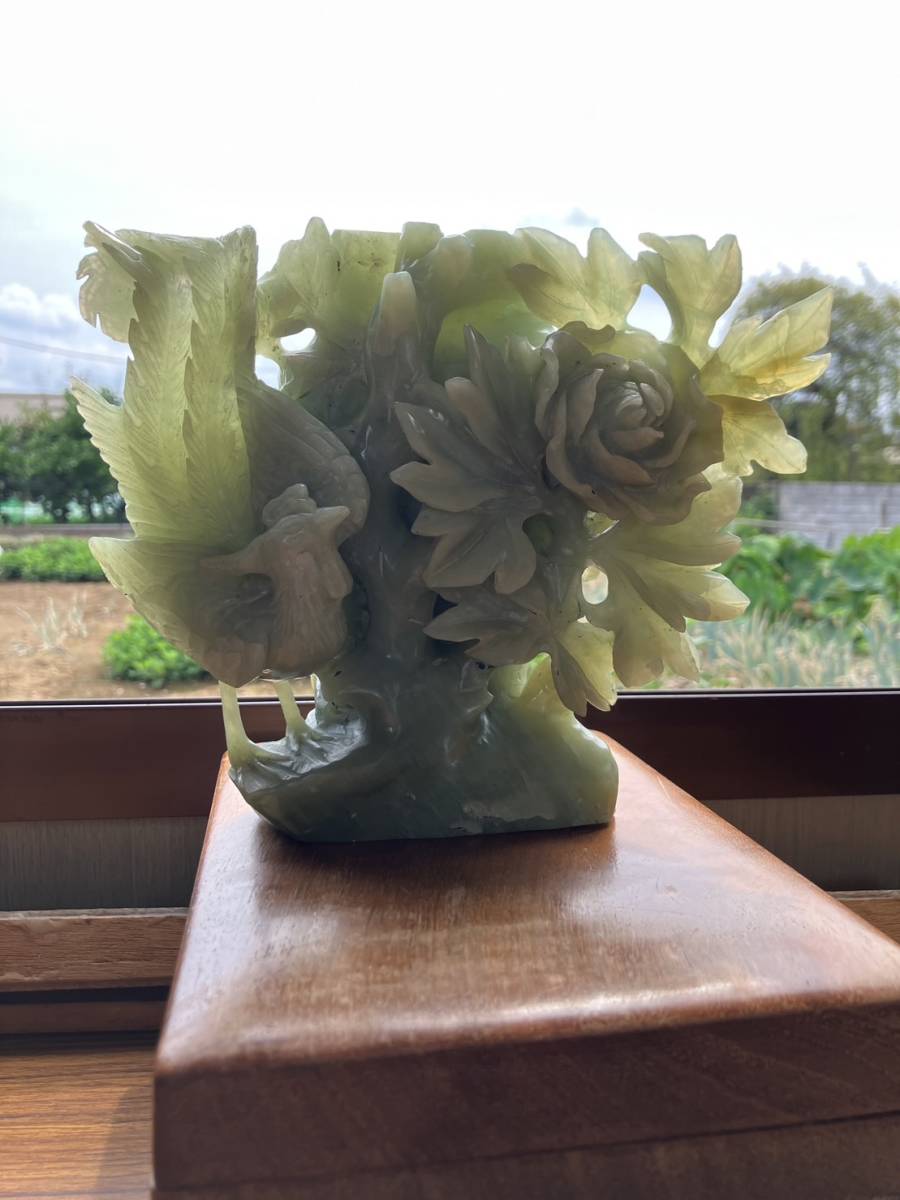 ◆◇230920-13　【重量1909ｇ】中国美術 翡翠石 玉石 細密彫 鳳凰 置物 時代物 骨董品 中国古董 ◇◆