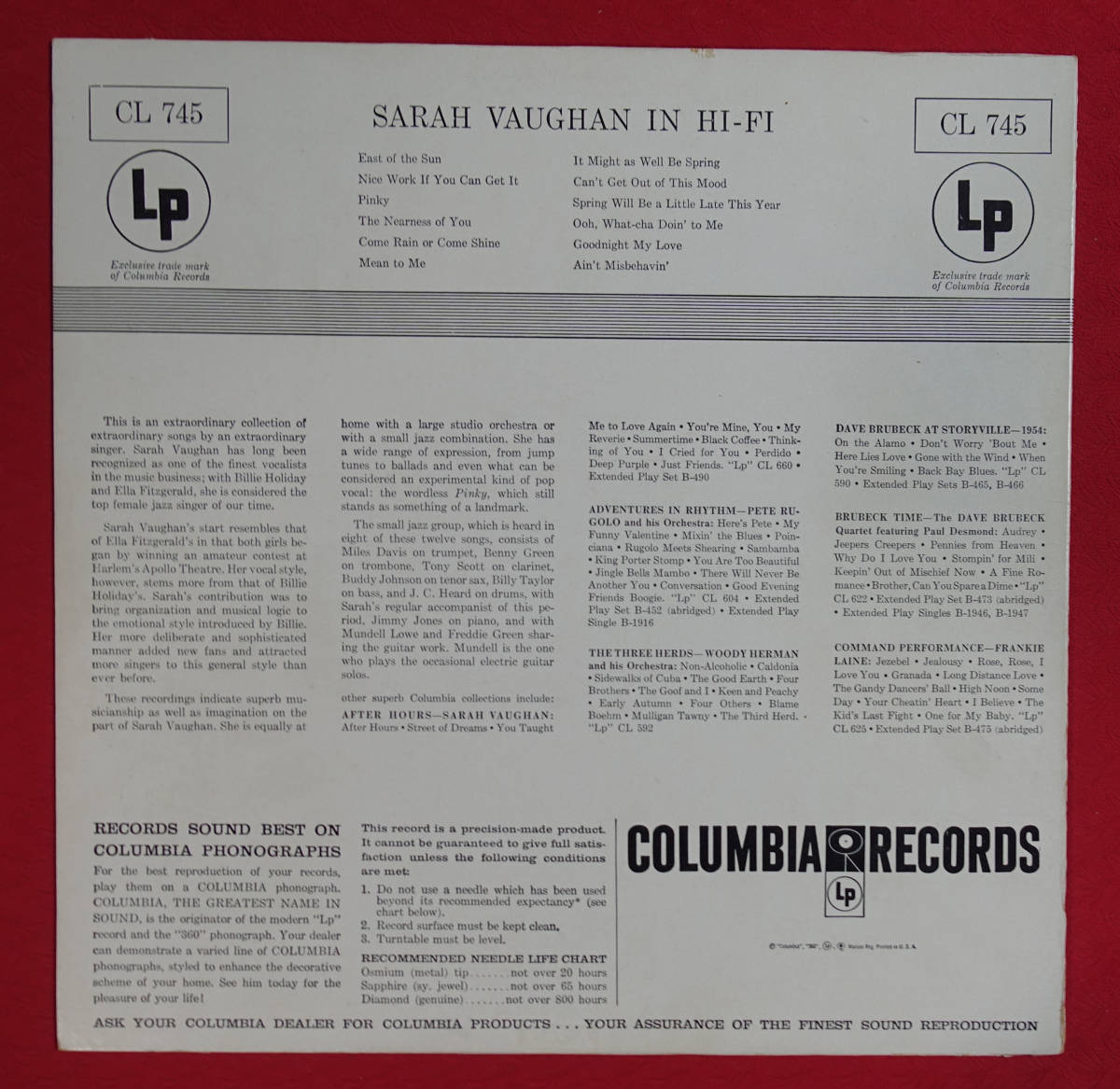 US Columbia CL 745 オリジナル 6EYES Sarag Vaughan in HI-FI DG