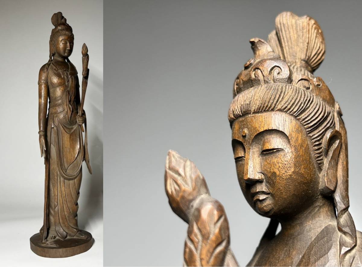 【瑞】仏教美術　木彫り　細工彫刻　菩薩立像　高：３９ｃｍ