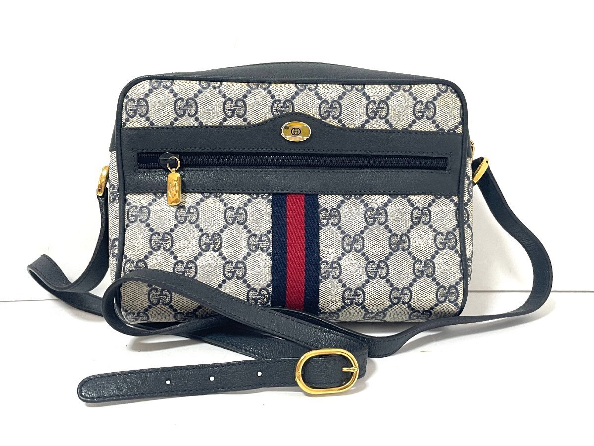 【良品】GUCCI グッチ　オールドグッチ　ショルダーバッグ　カバン　シェリーライン　PVC レザー　ネイビー