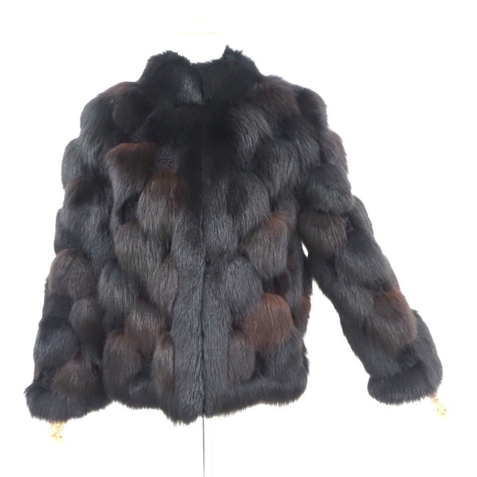 美品【 ボリューミー 】￥1000～ 高級毛皮 ブルーフォックス×カラクルラム◆ショートコート 62cm丈◆ブラック×ダークブラウン/L寸◆S257Y