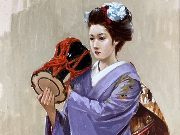 真作□油彩□荒木義太郎□『鼓持つ舞妓』□古径額□等迦会評議員 一枚