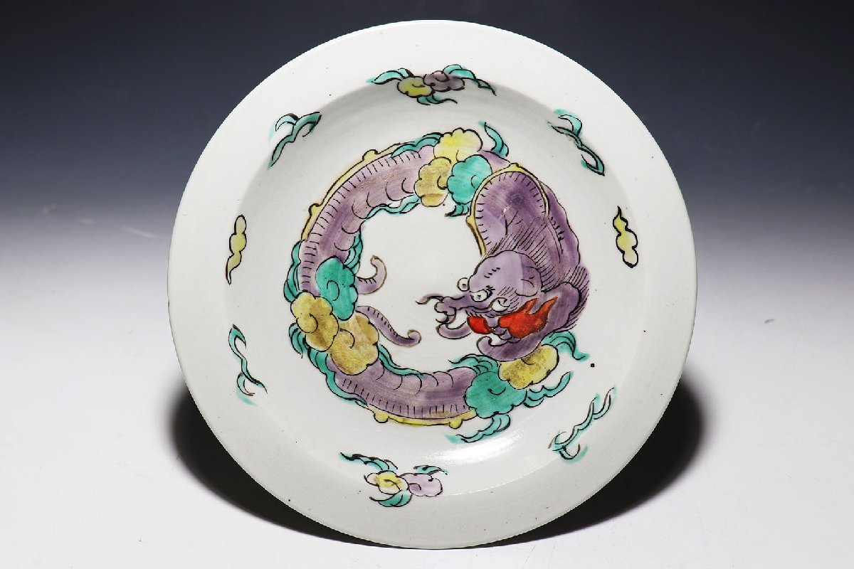 古伊万里 色絵 5寸皿 5枚 団龍紋に牡丹の図 D466AS-fbtk -古伊万里 龍