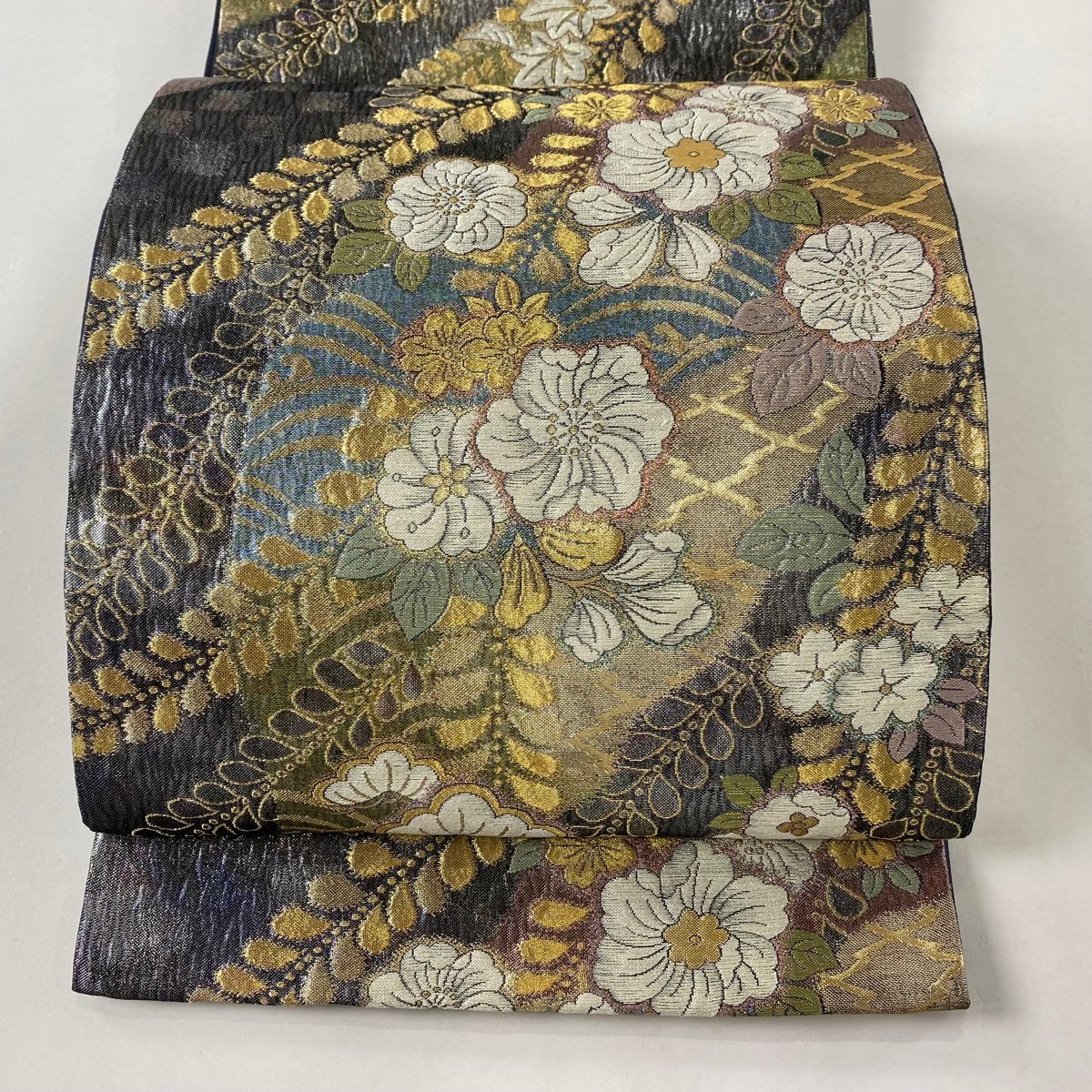 工場直営店 袋帯 美品 名品 辻が花 波 金糸 箔 灰紫 六通 正絹 【中古