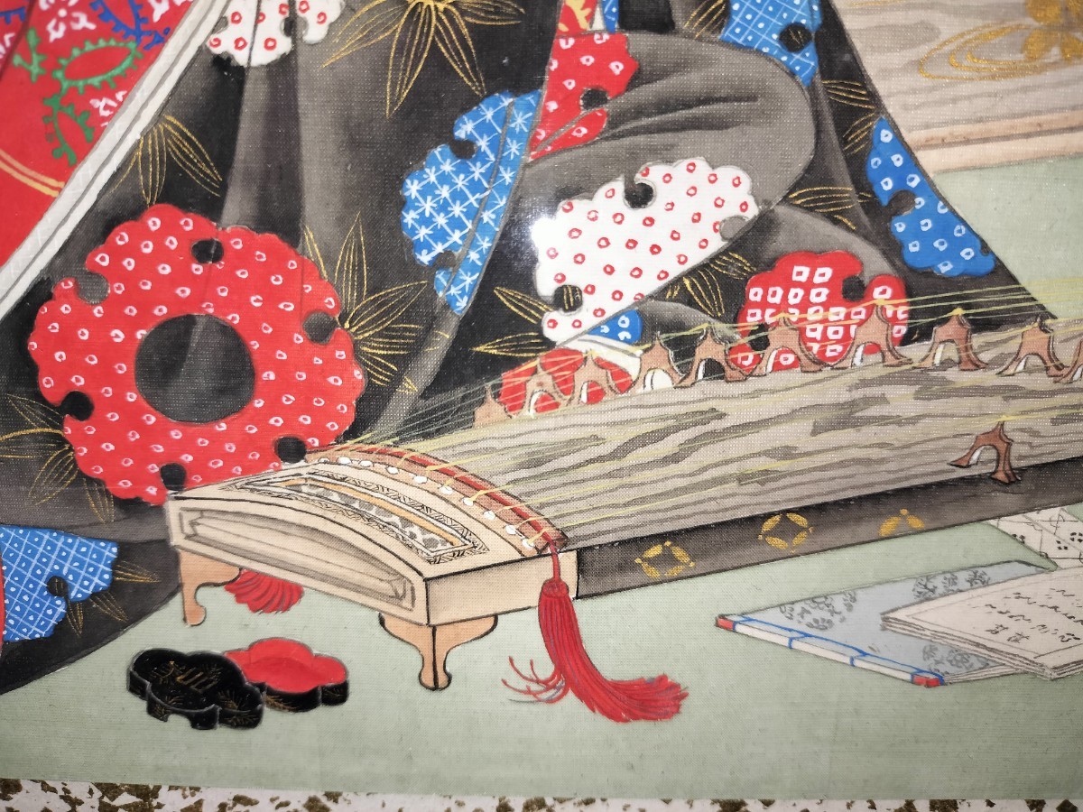 真作]名品 大庭学僊 琴美人図 肉筆 絹本 額装 美人画 小田海