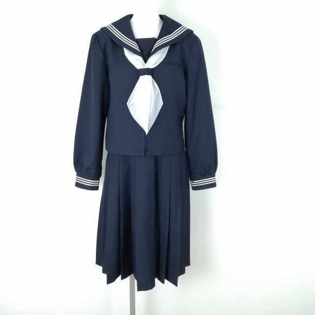 1円 セーラー服 ジャンパースカート スカーフ 上下3点セット LL 大きいサイズ 冬物 白3本線 女子 学生服 中学 高校 紺 中古 ランクC EY8334