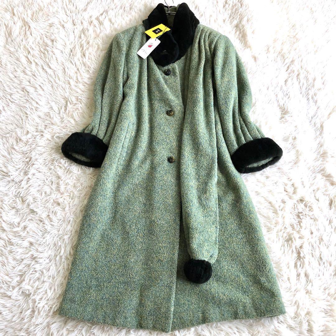 キング【新品未使用 定価30万円 大きいサイズXL】KING ロングコート グリーン 緑 42サイズ シェアードミンク ロング丈 イタリア製 ウール
