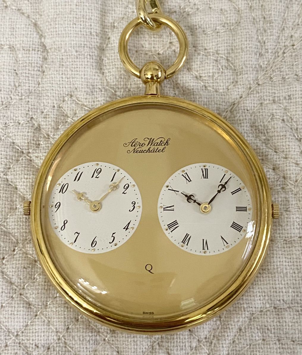 懐中時計 AERO WATCH NEUCHATEL デュアルタイム クオーツ スイスメイド