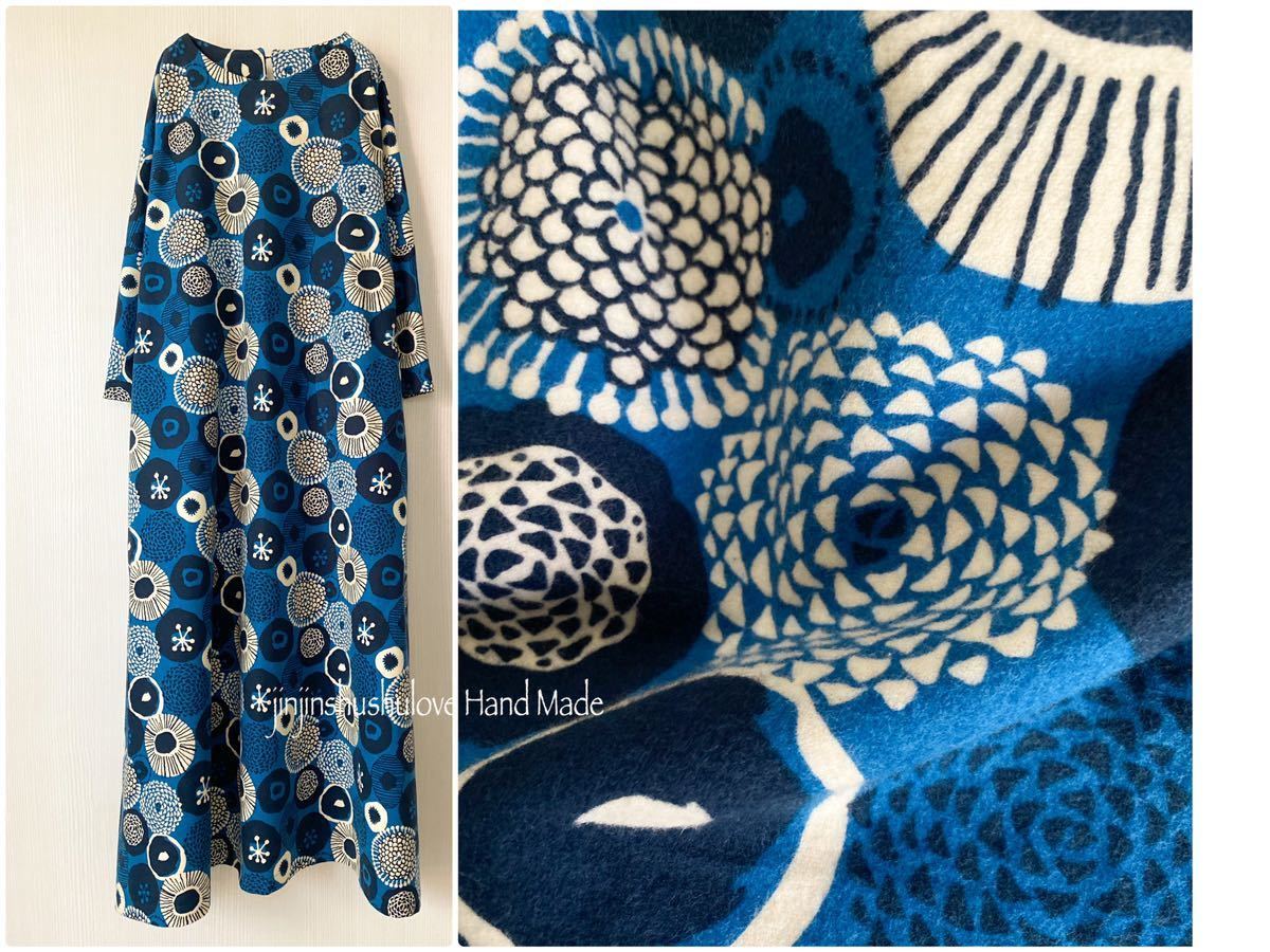 ハンドメイド◎北欧 FLOWER ♪ 起毛コットン*ブルー×ネイビー♪後ろボタン*OP♪