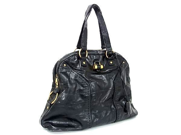 1円 YVESSAINTLAURENT イヴサンローラン ミューズ クロコダイル型押しレザー トート ハンドバッグ レディース ブラック系 BE5925