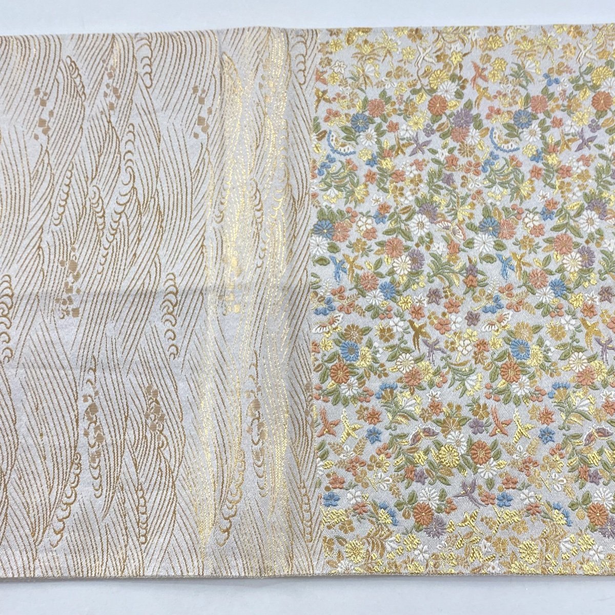 袋帯 美品 秀品 入り子菱 華文 金糸 箔 灰白 お太鼓柄 正絹 【中古】