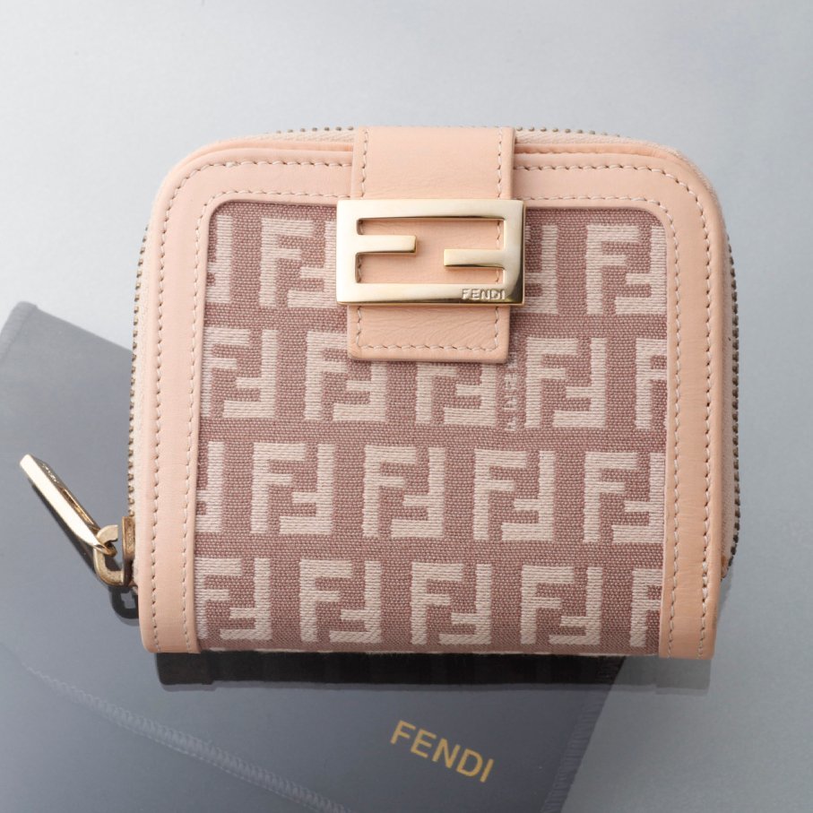 K3565M 良品 フェンディ ズッカ 生地 & 本革 バイカラー ラウンドF 二つ折 財布 ITALY製