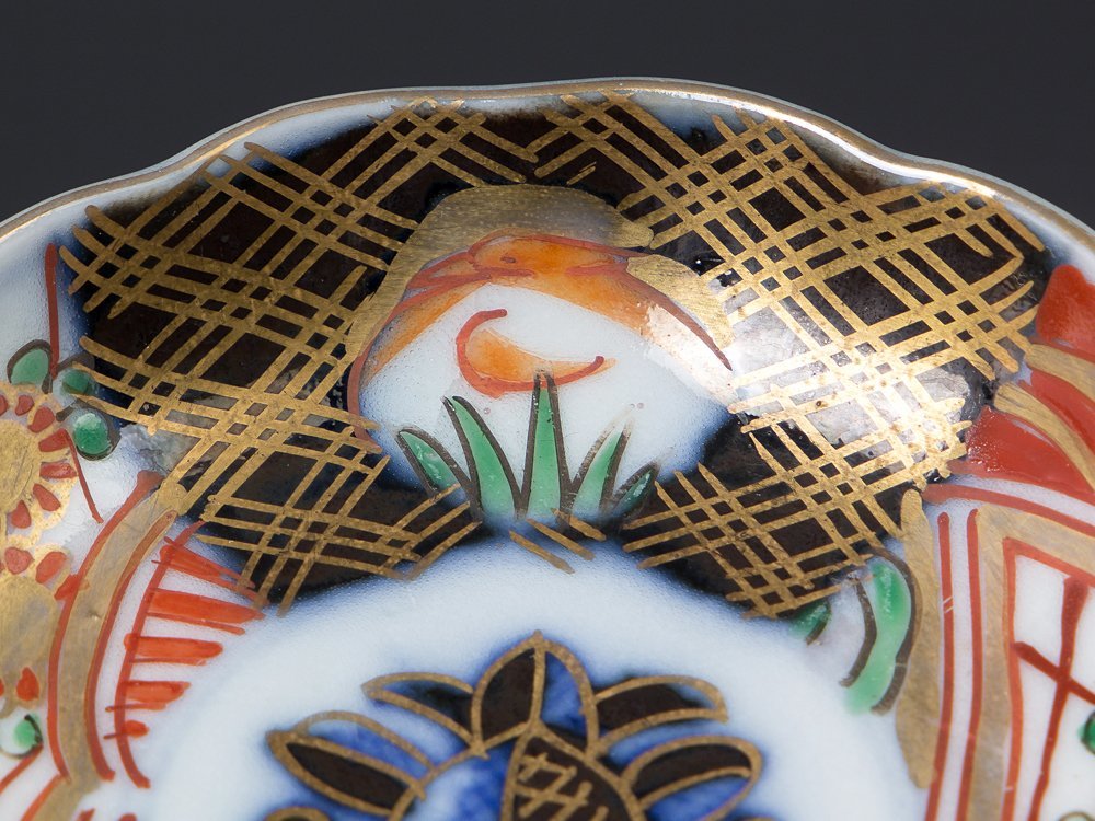□栄□古伊万里 染付 花草 山水図 輪花 皿 5客 14.5