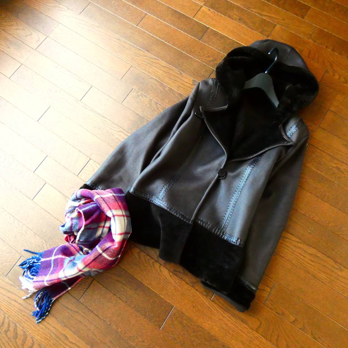 軽量リアルレザー 羊革 ブラウン 茶 フード付 ベルト付 ジャケットコート 11号 