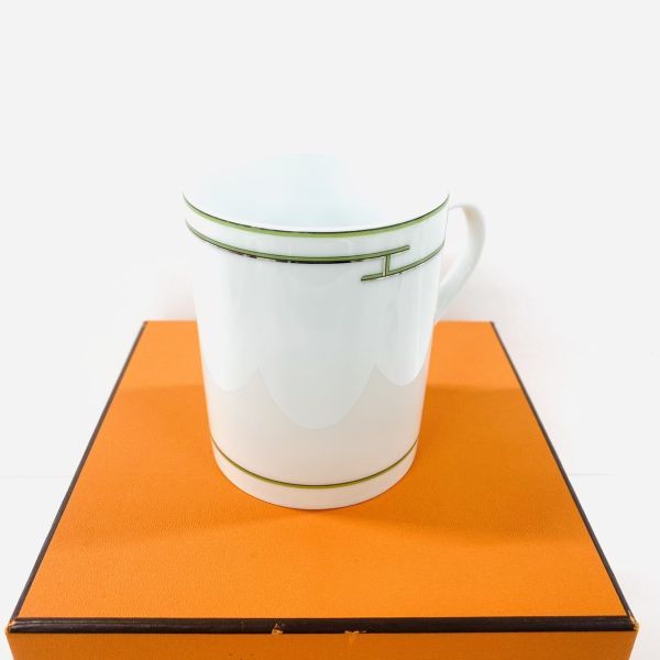 N632-Z9-57 HERMES エルメス RYTHEM リズム Hライン ホワイト×グリーン 箱付き カップ 1客 口径/約7.5cm×高さ/約9.5cm コップ 食器 ④
