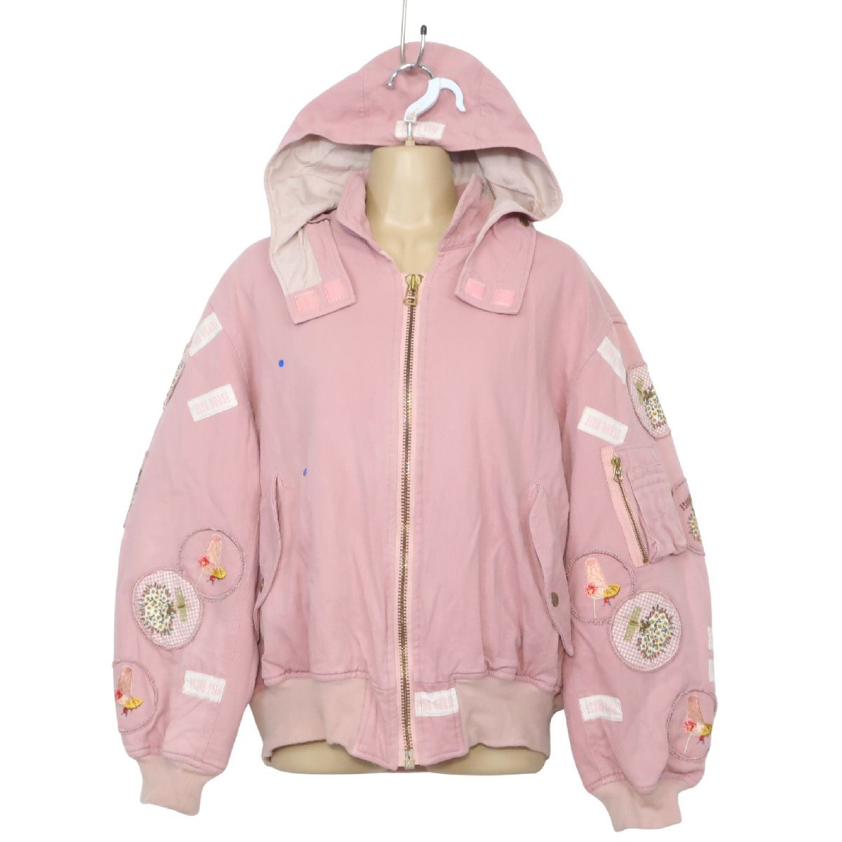 ピンクハウス★ジップアップブルゾン 長袖 デニム＆キルティング フーディ トロピカルジュース柄 ワッペン レアなオールド！ピンク系 z4739