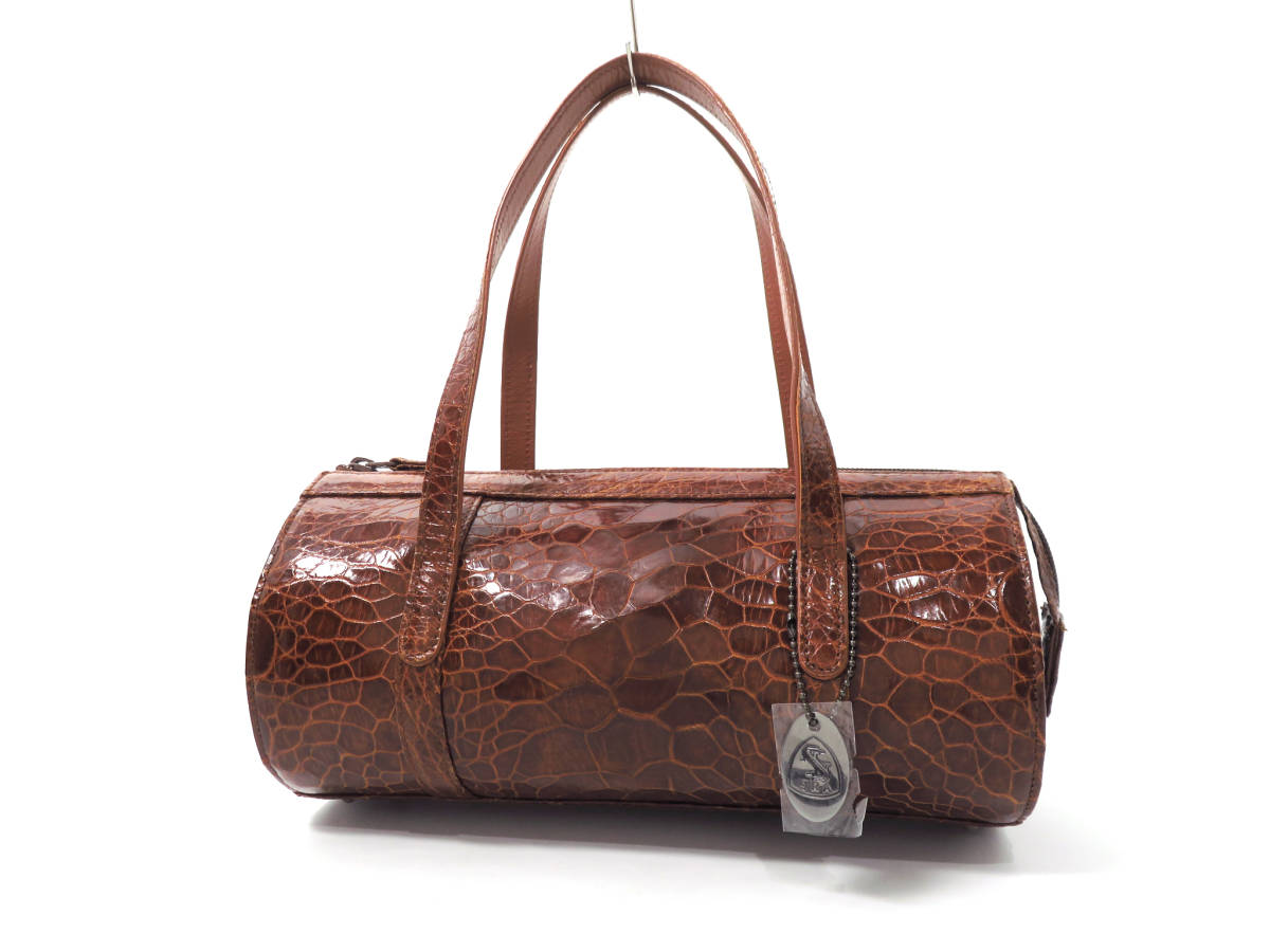 13132 美品 JRA認定 希少 亀革 タートルレザー エキゾチックレザー ハンドバッグ ミニボストンバッグ ドラムバッグ 鞄 茶 ブラウン 日本製