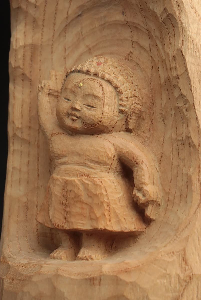 EO206 【彫刻家 牧田善晴 作】一刀彫 六五六刻 木彫「釈迦誕生仏」天上