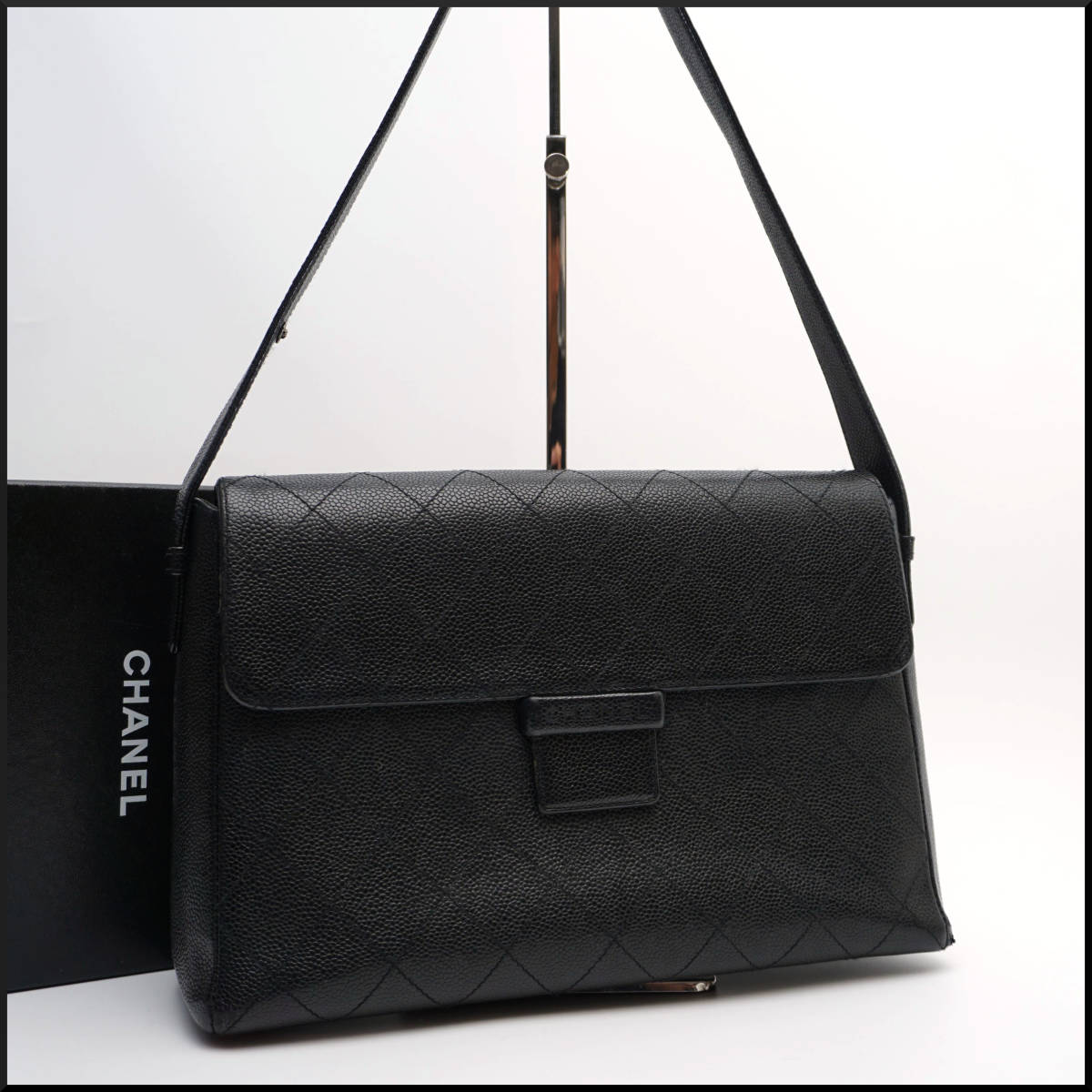 1円 美品 CHANEL シャネル キャビアスキン ワン ショルダー ハンド バッグ フラップ 式 マトラッセ 文字ロゴ 肩掛け 黒色 シールあり