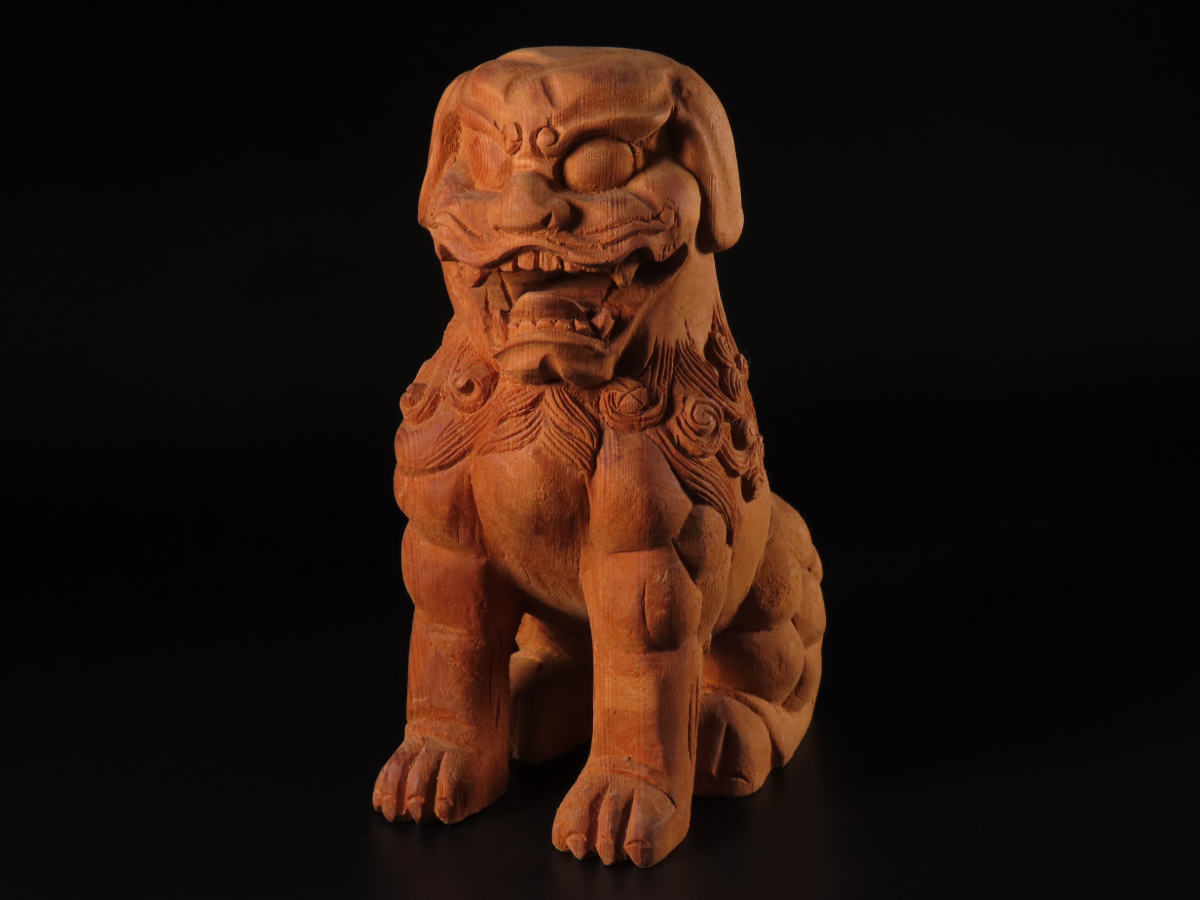 仏像 夏永康 東京書 屋久杉細密彫り『獅子狛犬阿吽像』木札・台座付