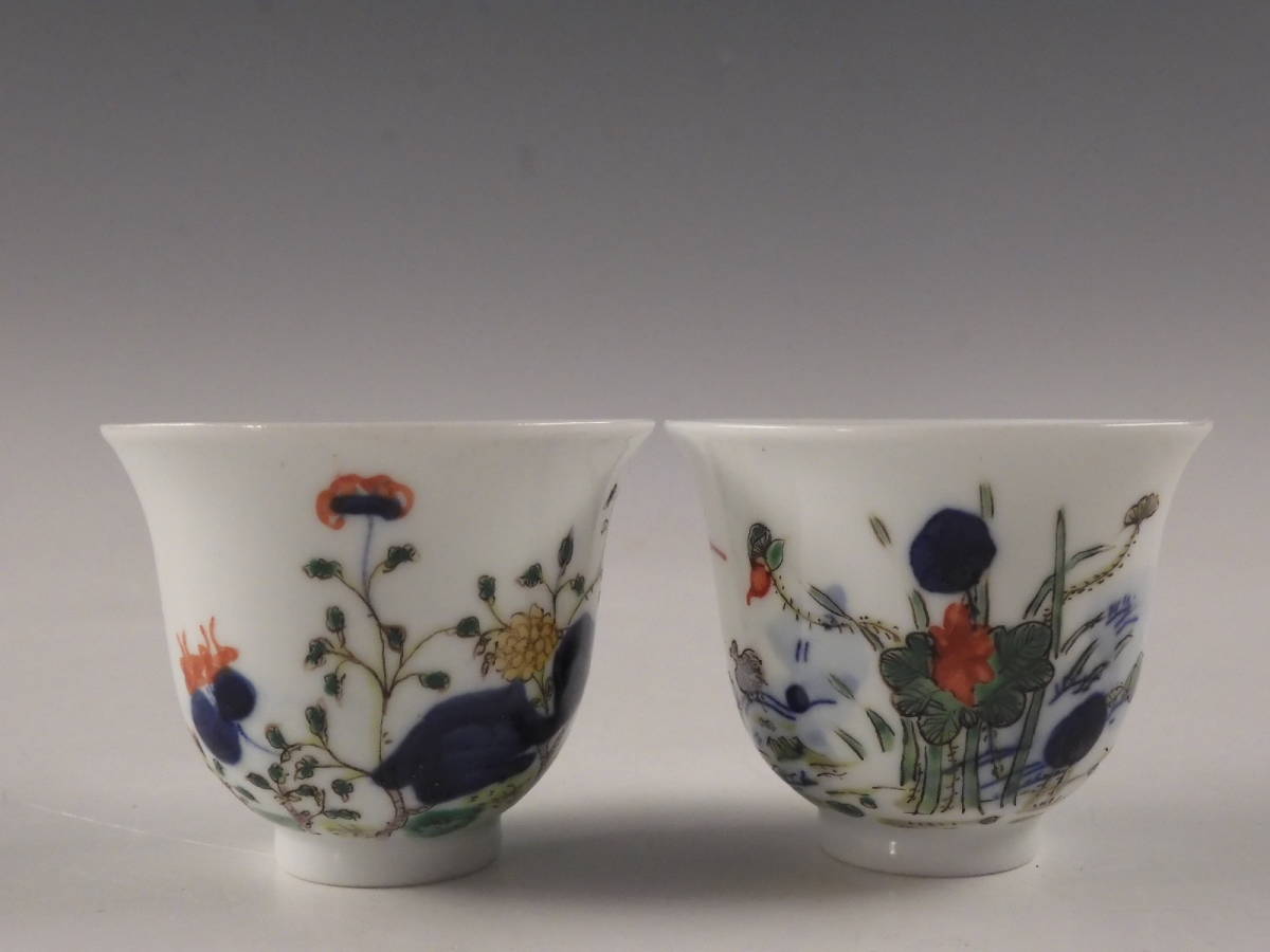 ◇堂◇中国 清代 大清康照年製 色絵 絵替 花草文 煎茶碗 5客 煎茶道具