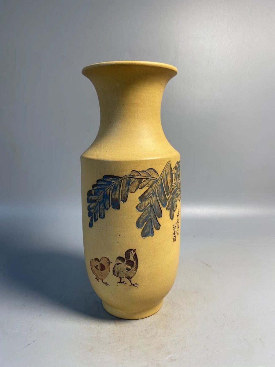 中国　紫砂　朱泥　梅に鳥彫　花瓶　在銘　V　R6449 工芸品 うぶ品 中国美術 唐物 在銘 紫砂 黒泥 朱泥 竹
