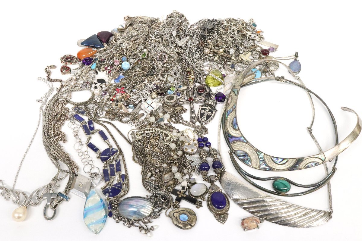 1円～おたからやU-ac0224◆925 SILVER刻印 シルバー 石付き(アメジスト ブルートパーズほか天然石 合成石含む)ペンダント オメガチョーカー