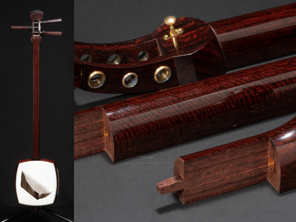三味線 太棹 東さわり 紅木 1本溝 糸まき 素六 破れ有り ハードケース