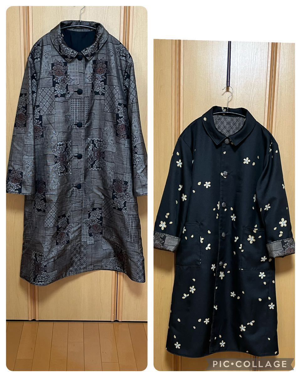 ★着物リメイク★ハンドメイド★未使用　大島紬9マルキ　泥染★未使用　黒地　小紋　洗える着物★リバーシブルコート★オフネックライン★