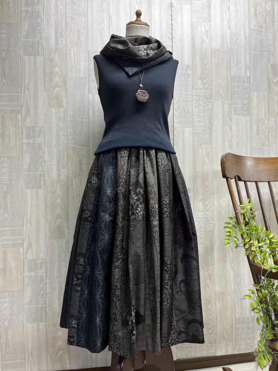 ★古布　着物リメイク　正絹　アンティーク　大島紬　パッチワーク タックスカート&ストール　ハンドメイド★