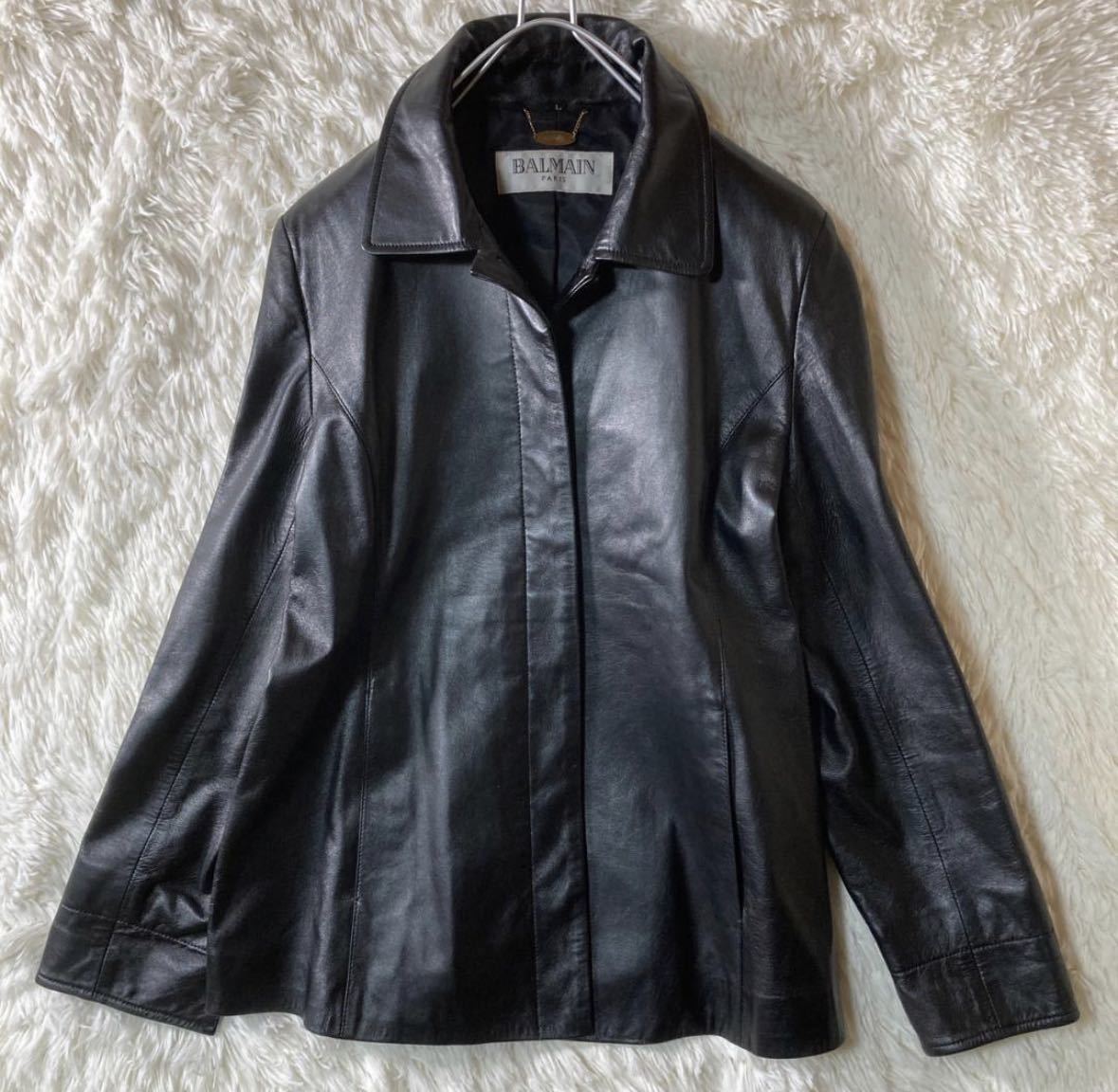 【アパレル】☆美品☆ BALMAN バルマン レザージャケット 羊革 ラムレザー L 比翼ボタン 黒 ブラック レディース 人気 おしゃれ 古着 