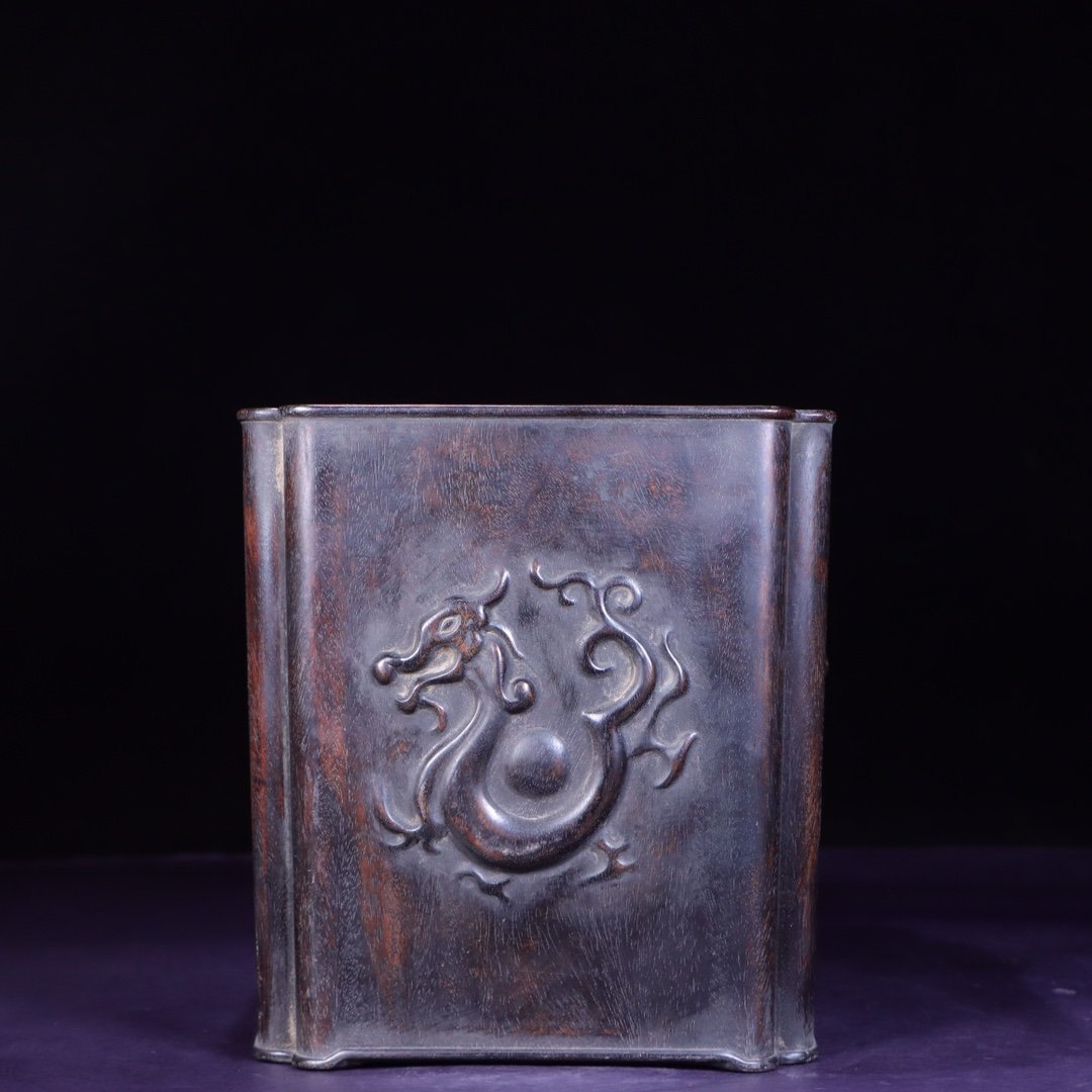 □大成美術□珍木紫檀彫刻 龍紋隠角四方筆筒 （検） 清