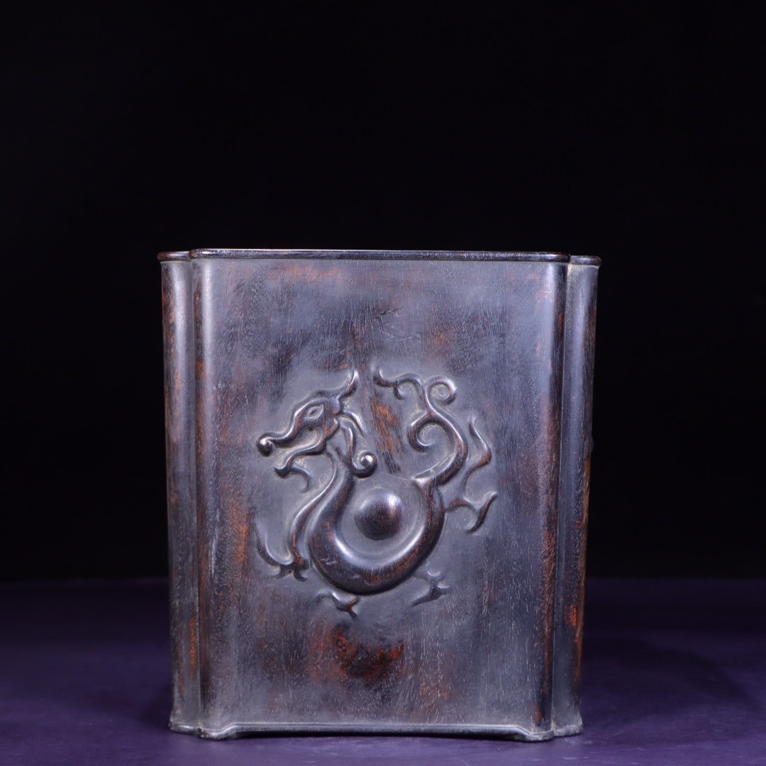 □大成美術□珍木紫檀彫刻 龍紋隠角四方筆筒 （検） 清