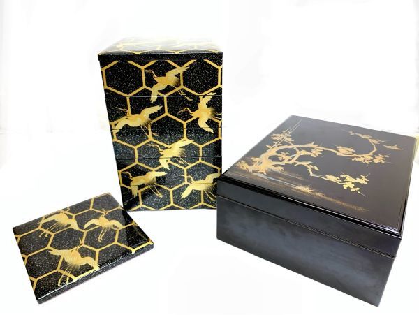懐石道具 ほぼ未使用 吸物椀5客揃 木製黒真塗 和食器 蒔絵付 共箱