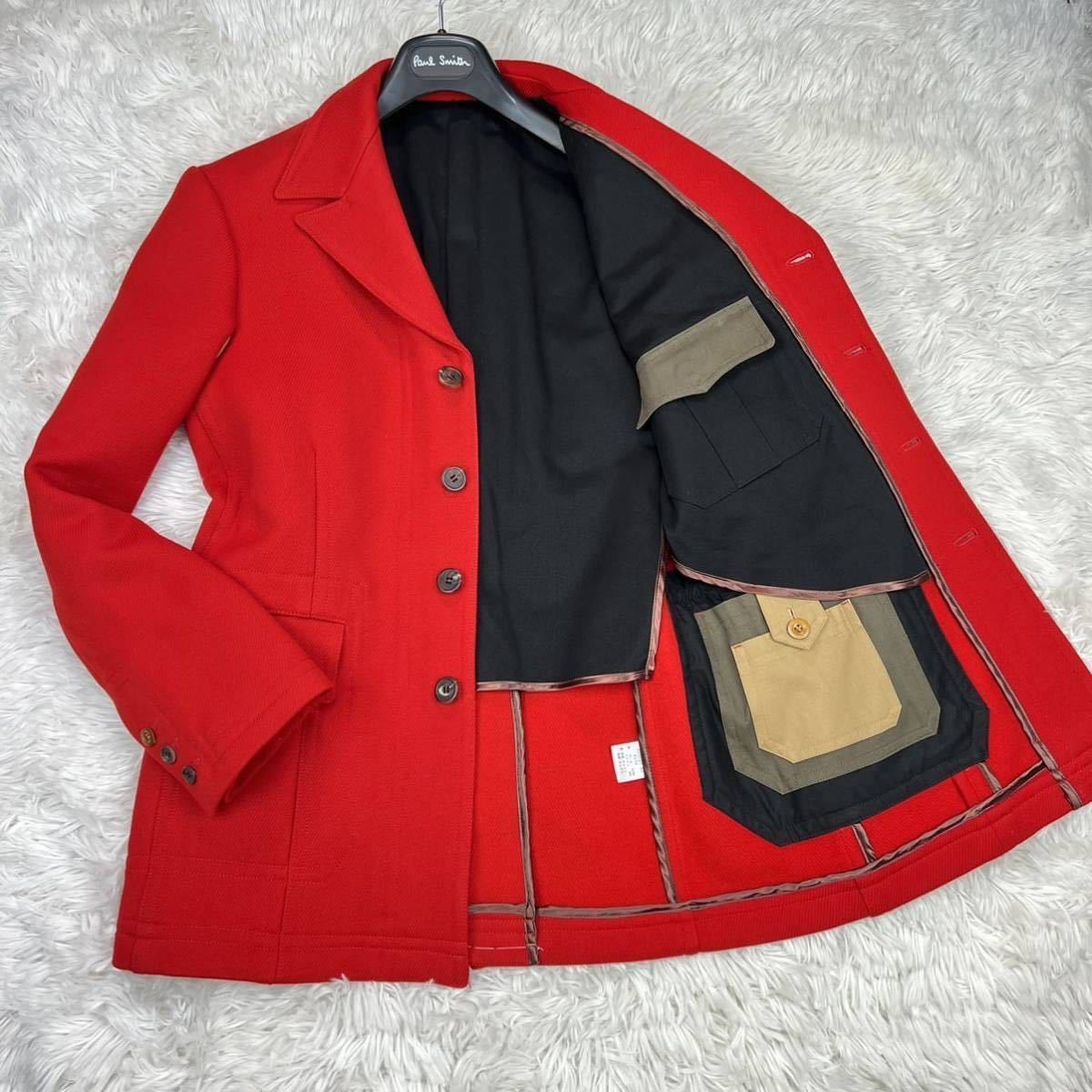 【未使用級】ポールスミス 『情熱の赤 希少 L サイズ』 Paul Smith LONDON チェスターコート ミドル 厚手 ジャケット レッド ウール 