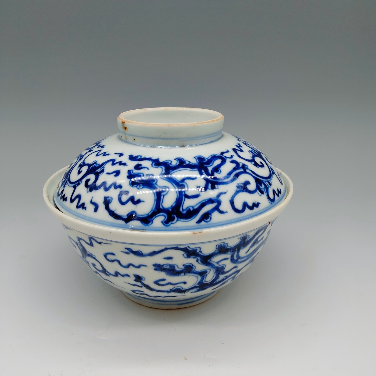 【旭】染付龍紋 蓋付茶碗　青花 蓋茶碗 清 中国 古美術 茶碗　Ｈ11cm，Ｄ14.5cm，431ｇ