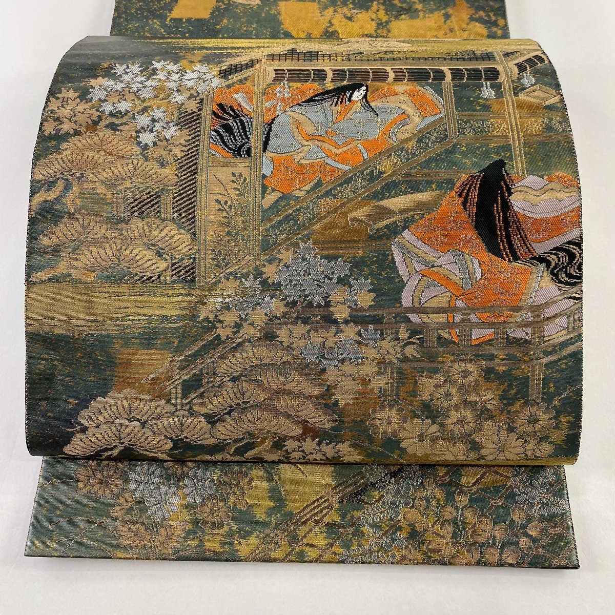 袋帯 名品 落款 服部織物 平安絵巻文様 姫 金銀糸 箔 緑 六通 正絹 