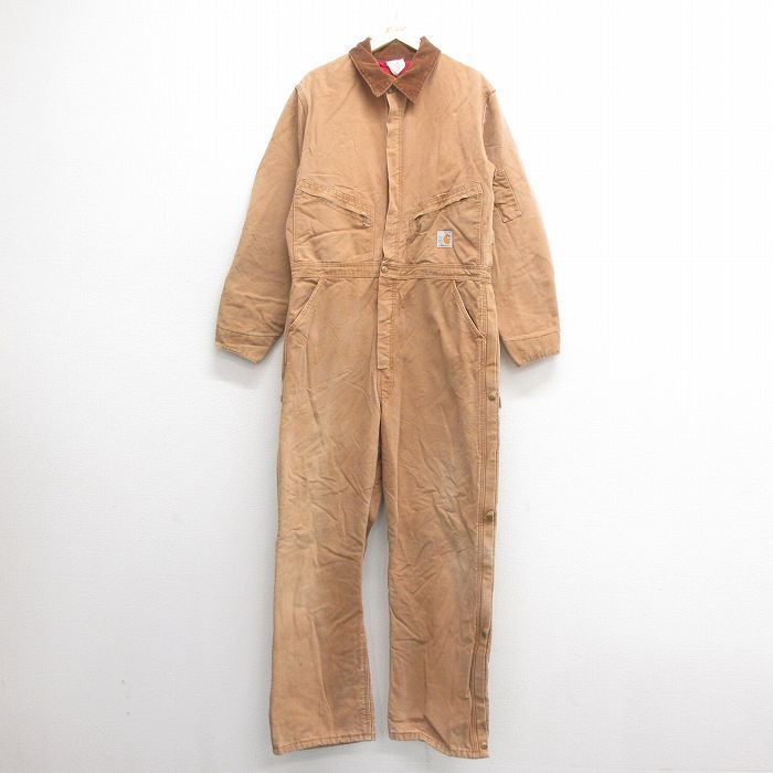 W41/古着 カーハート 長袖 ツナギ メンズ 80s 100周年 襟コーデュロイ ダック地 大きいサイズ 茶 ブラウン 内側キルティング 23feb20 3OF