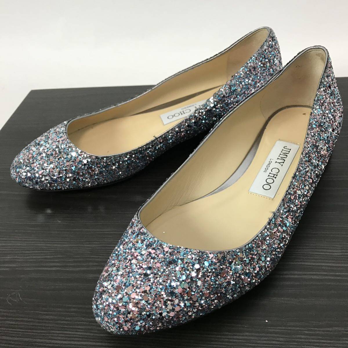 e8 JIMMY CHOO ジミーチュウ グリッターラメ ローファー ローヒール パンプス シューズ レザー ピンク ブルー 36 イタリア製 正規品