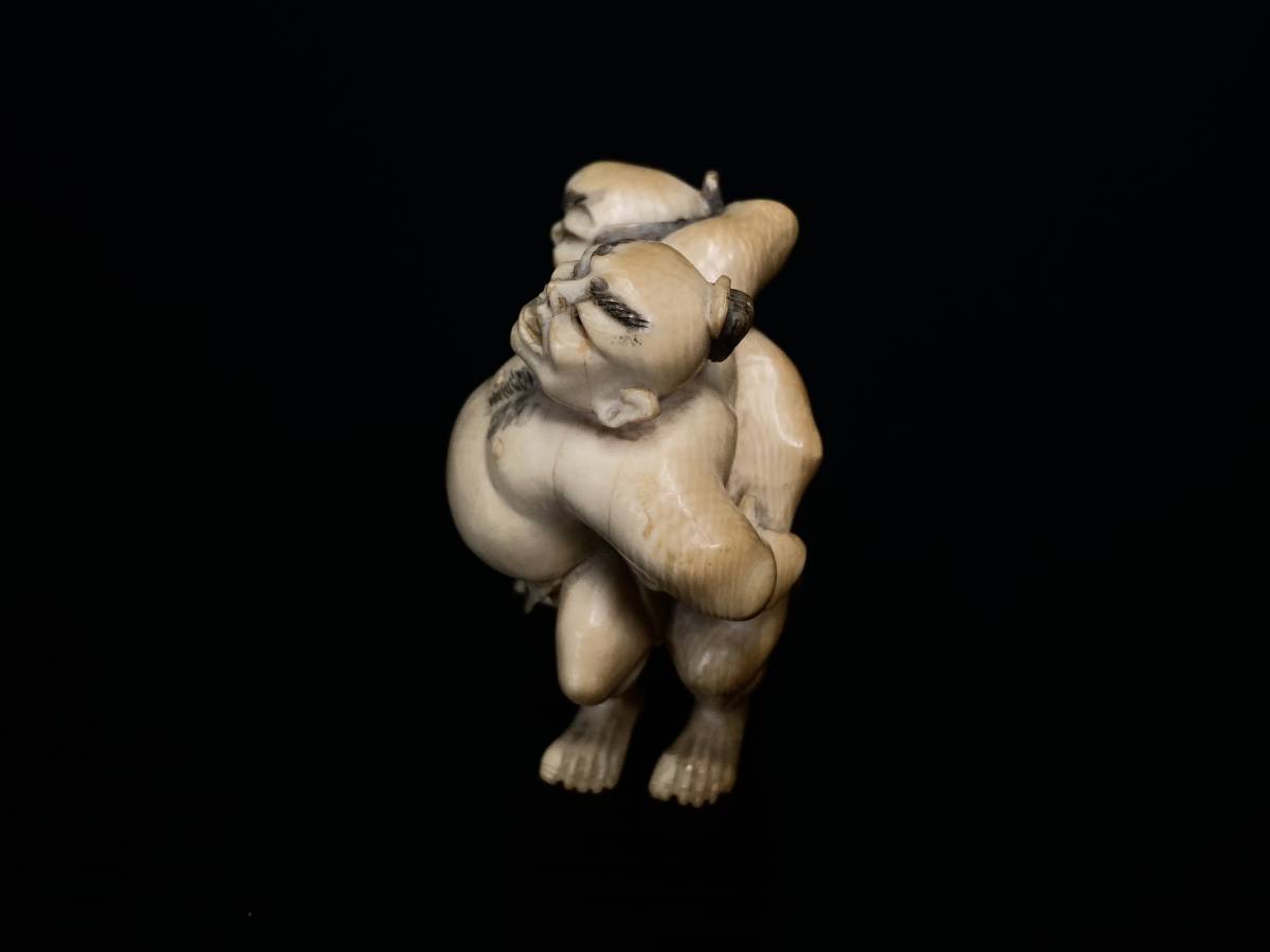 竜胆 一郎 相撲 牙彫 根付 置物 細密彫刻 提げ物 骨董 古美術 時代物 在