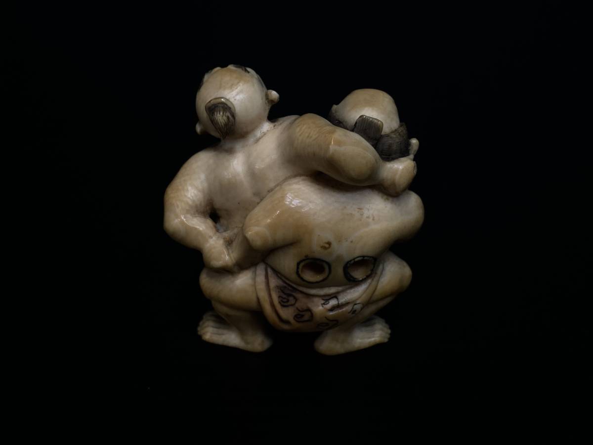 竜胆 一郎 相撲 牙彫 根付 置物 細密彫刻 提げ物 骨董 古美術 時代物 在