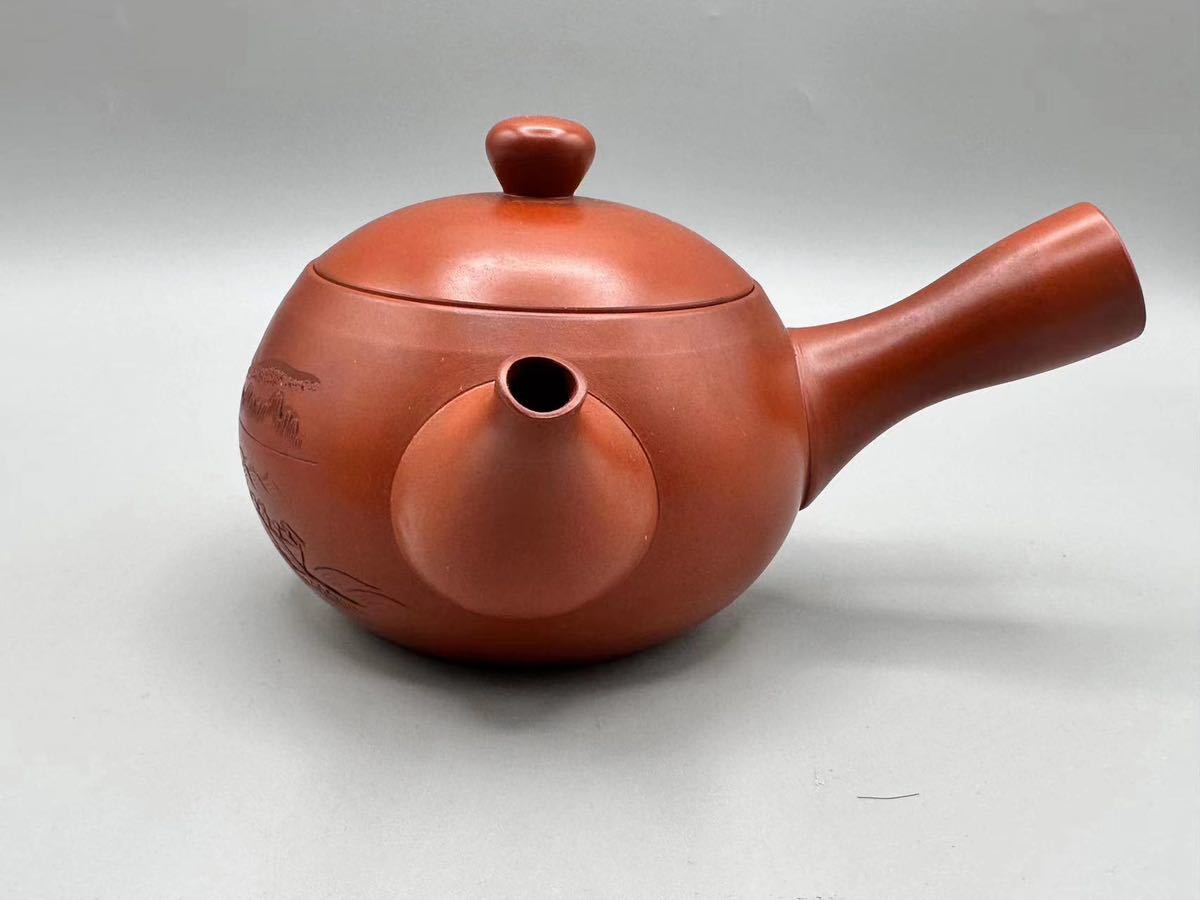 梅原玉堂　常滑焼 B0746 常滑焼 梅原玉堂作 朱泥茶注 冨嶽三十六景 東海道江尻田子の浦図