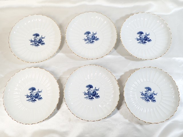 120911[T]Meissen/マンセン/Aquatinta/ブルーフラワー/16ｃｍ プレート/６枚セット/デザートプレート/金彩 飾り皿