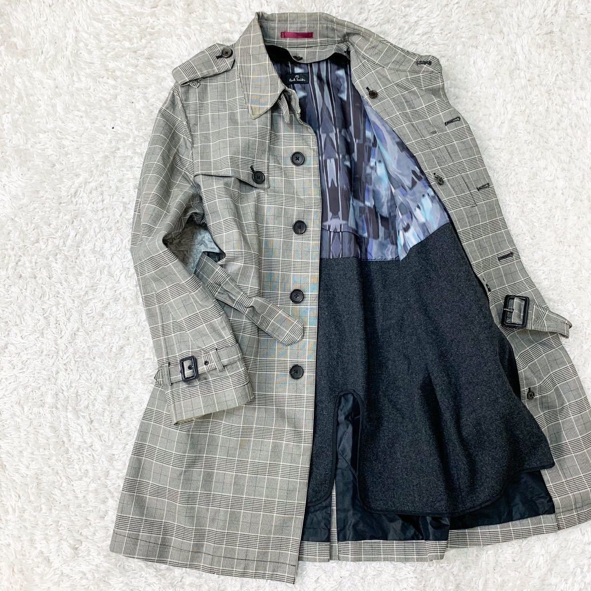 美品 Paul Smith ポールスミス グレンチェック カシミヤ 裏地柄 トレンチコート ロングコート ベルト 防寒性◎ メンズ L2サイズ グレー