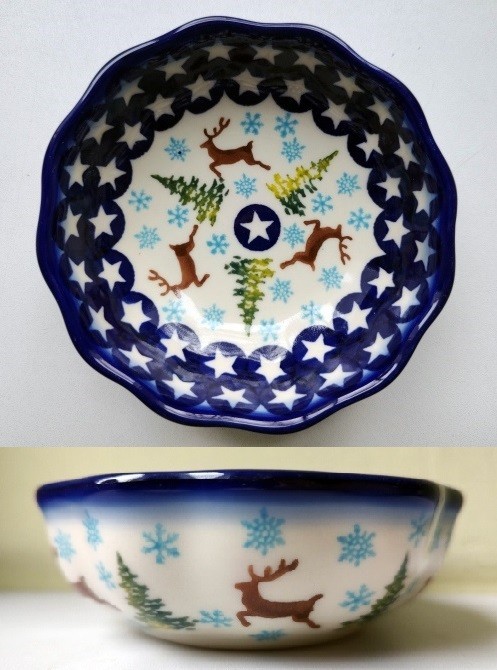 x534 ポーランド陶器 花型小鉢/ボウル トナカイ/モミ/雪の結晶/星1