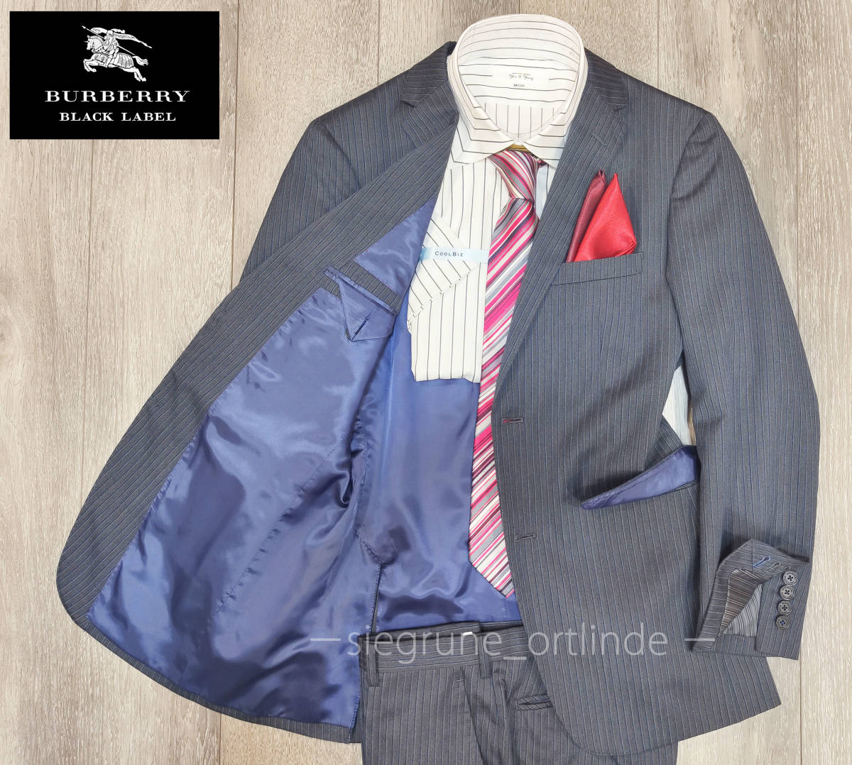 【美品】バーバリー ブラックレーベル 後期モデル 本切羽 微光沢ブルーグレーストライプ スーツ 90-74-165 36R (Sサイズ) BLACK LABEL