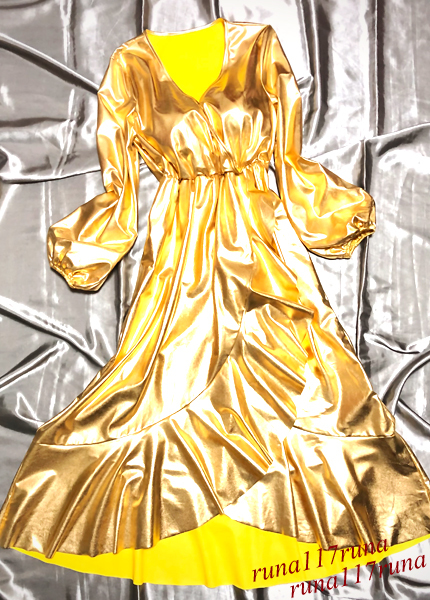新作，100%新品 超ピカピカ ゴールド 光沢 ツヤツヤ ロングワンピース フリル クリスマス パーティー 女装 コスプレ 衣装 フェチ♥(レディースファッション)｜売買されたオークション情報、yahooの商品情 その他